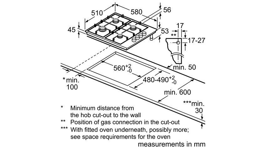 Kích thước lắp đặt của bếp gas Bosch PBH6B5B60
